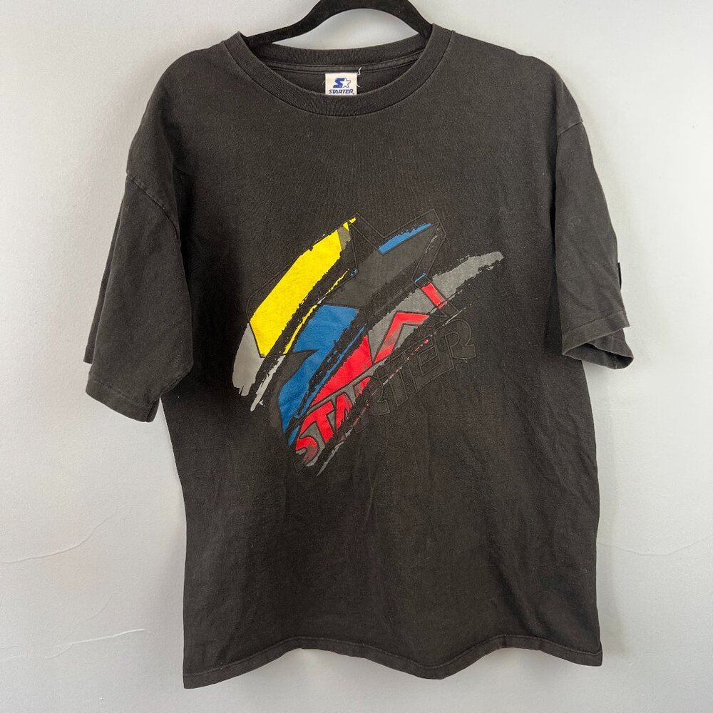 Vintage 90s Starter Sportswear Black Abstract Graphic Short Sleeve‎ T-shirt Sz L